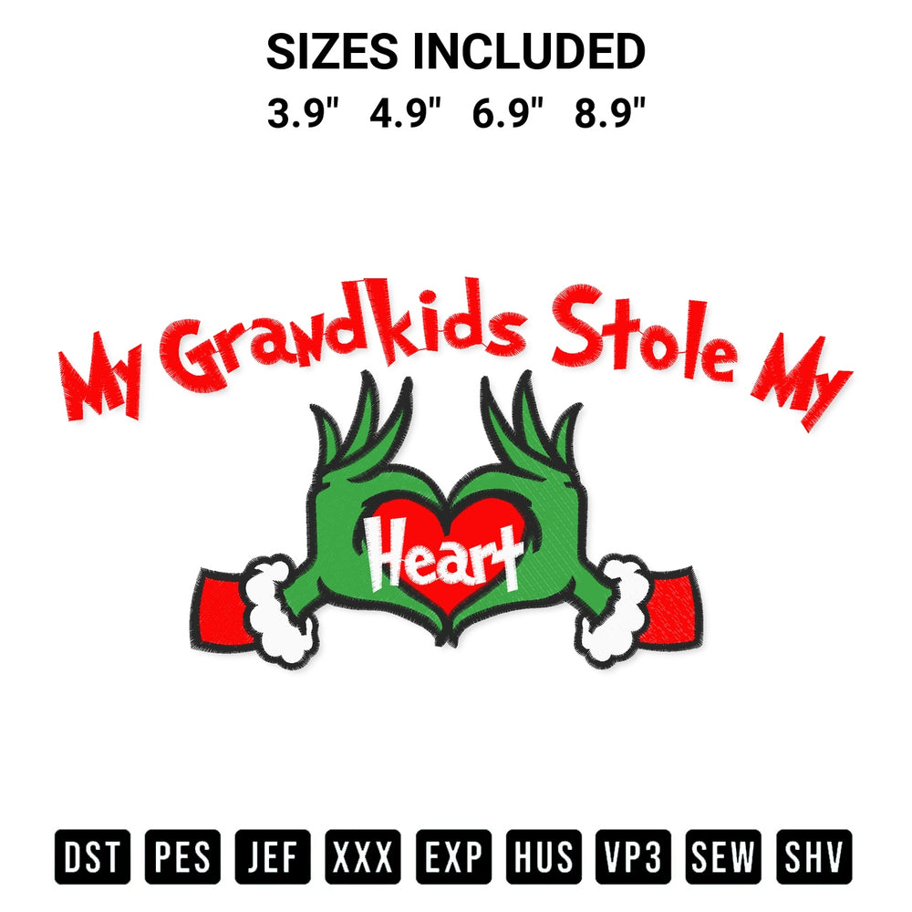 Download the My Grandkids Stole My Heart Embroidery Design machine embroidery design exclusively at Designspacks.com. Premium digitized pattern for apparel and DIY crafts. Available sizes: 3.9", 4.9", 6.9", 8.9".