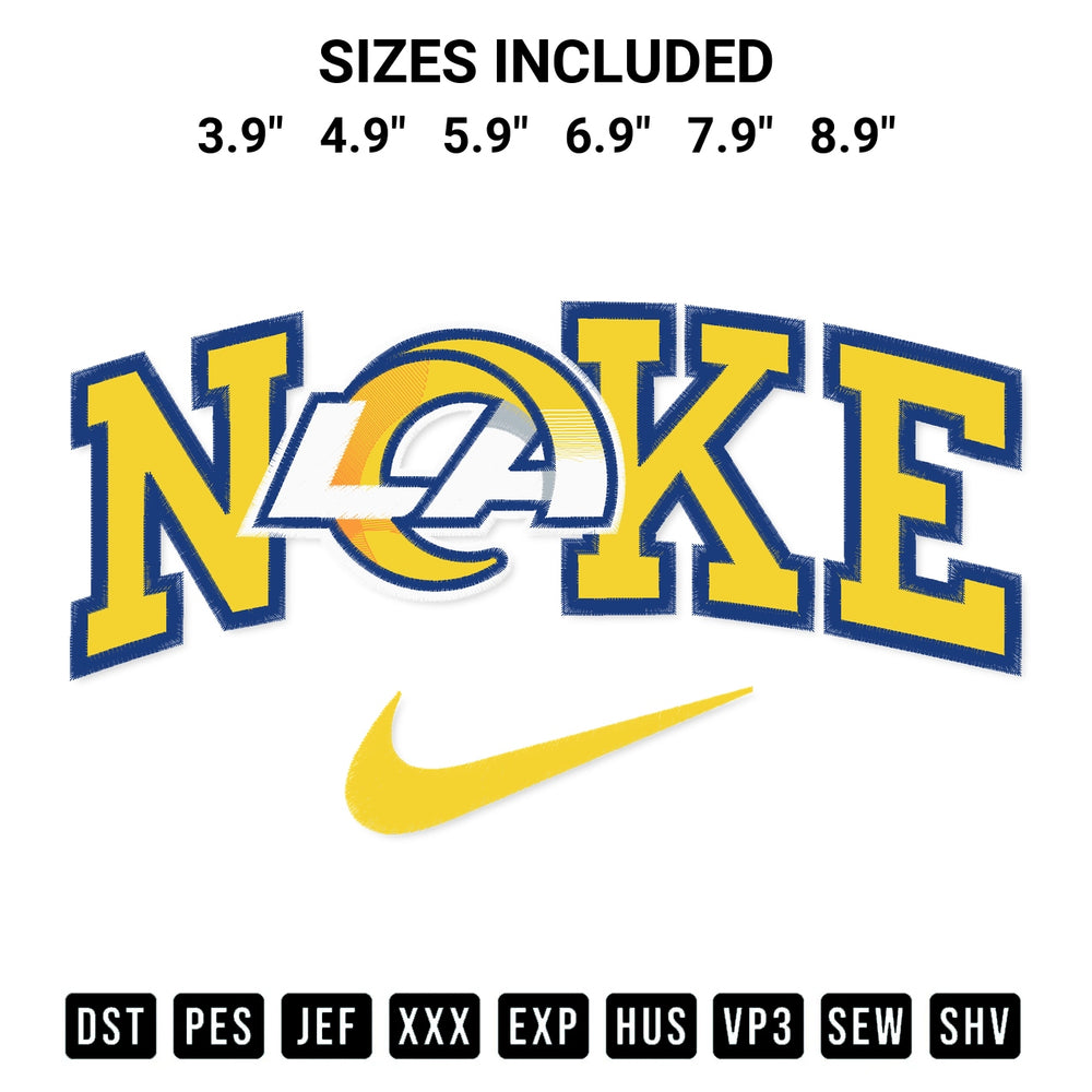 Stitch like a pro with the Los Angeles Rams X Nike Embroidery Design embroidery pattern from Designspacks.com. High-quality digital machine embroidery file. Available sizes: 3.9", 4.9", 5.9", 6.9", 7.9", 8.9".