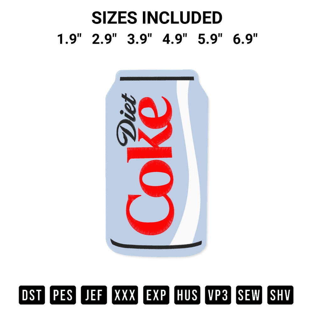 Discover the perfect addition to your crafting collection: Diet Coke Embroidery Design embroidery file. Instantly available at Designspacks.com. Available sizes: 1.9", 2.9", 3.9", 4.9", 5.9", 6.9".
