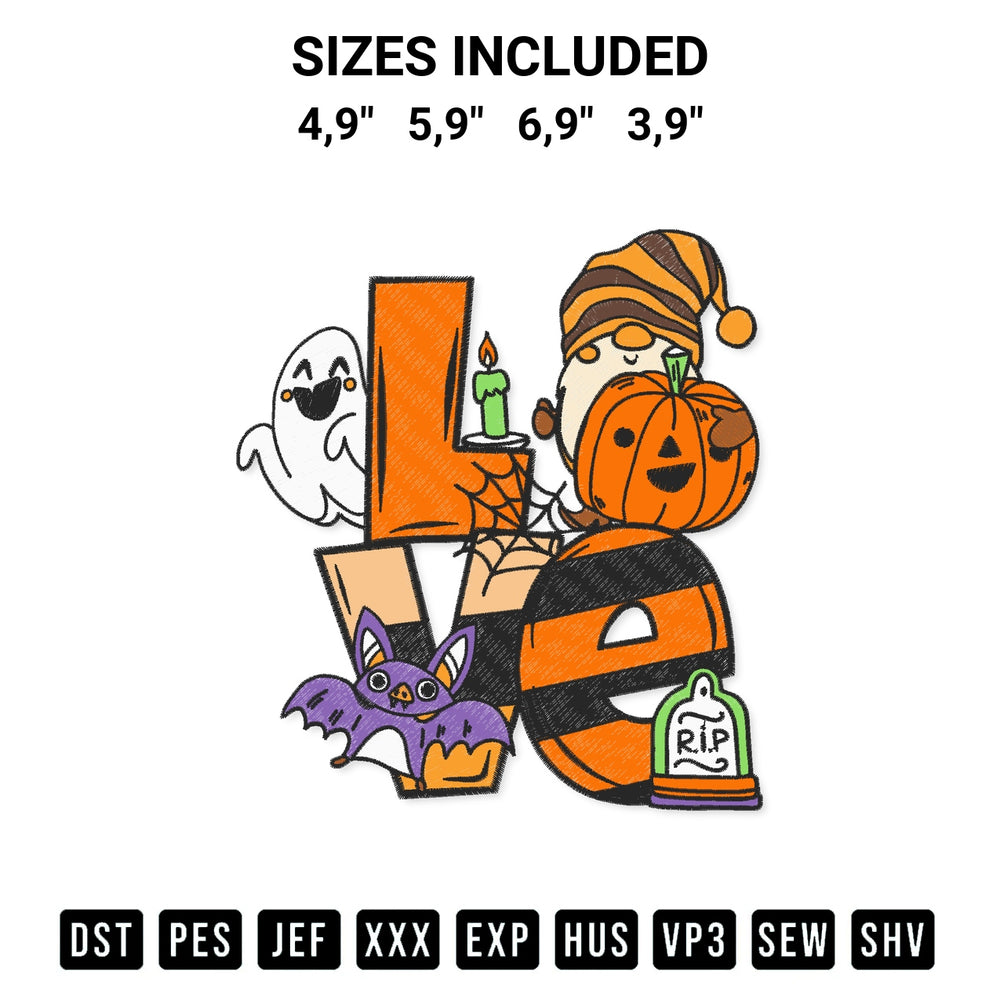 Shop the Love Halloween Gnome Pumpkin Ghost Boo Funny Kids Gift Halloween Logo Embroidery Design machine embroidery pattern at Designspacks.com. Beautifully digitized for flawless stitching on any fabric. Available sizes: 4,9", 5,9", 6,9", 3,9".