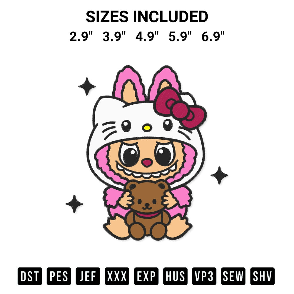 Download the Labubu Hello Kitty Hug Bear Embroidery Design machine embroidery design exclusively at Designspacks.com. Premium digitized pattern for apparel and DIY crafts. Available sizes: 2.9", 3.9", 4.9", 5.9", 6.9".