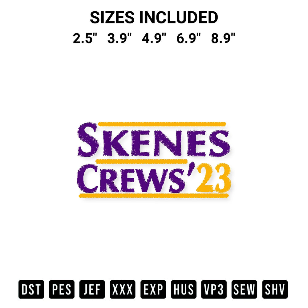 Shop the Skenes Crews 23 Embroidery Design machine embroidery pattern at Designspacks.com. Beautifully digitized for flawless stitching on any fabric. Available sizes: 2.5", 3.9", 4.9", 6.9", 8.9".
