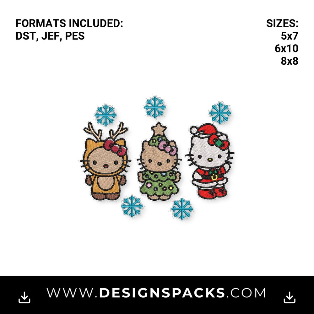 Cute Christmas Kitty Holiday Trio Embroidery Design - Instant digital download pattern at Designspacks.com
