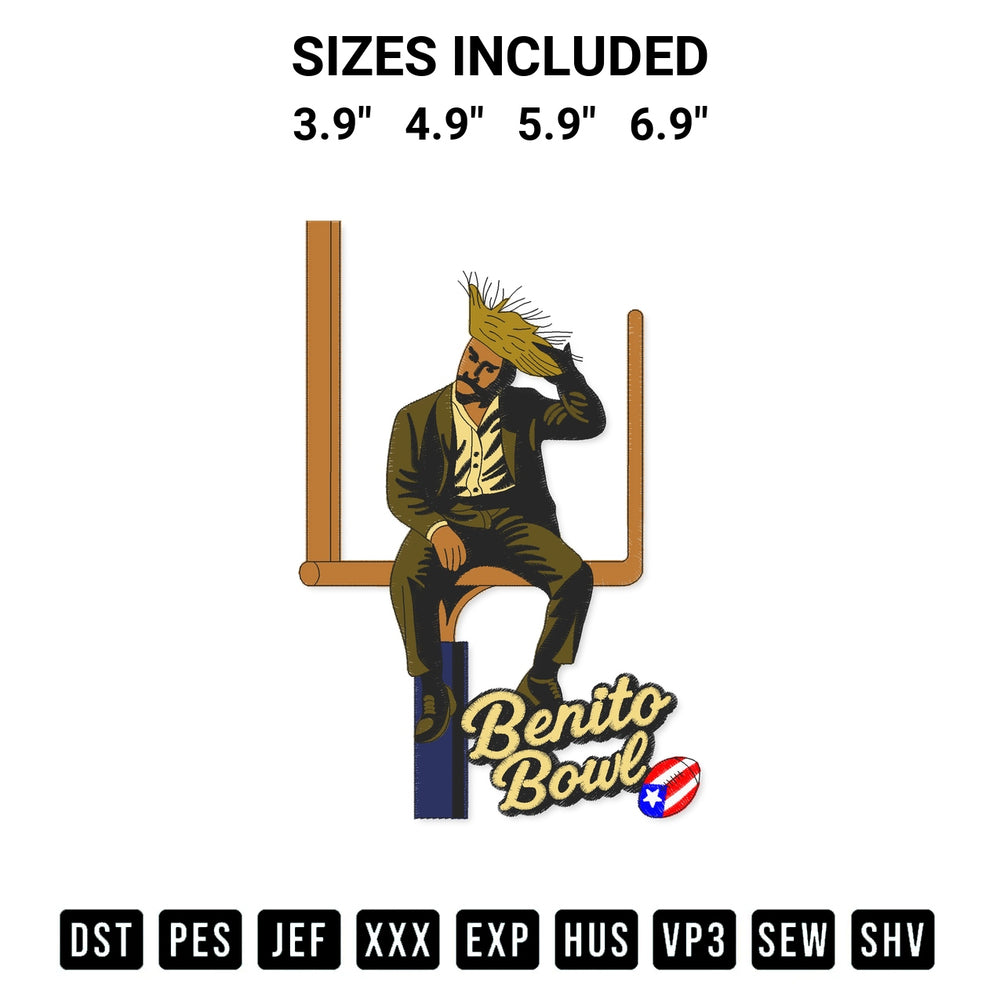Get the Benito Bowl Funny Football Embroidery Design embroidery design for your custom crafts! Premium digitized files available for instant download at Designspacks.com. Available sizes: 3.9", 4.9", 5.9", 6.9".