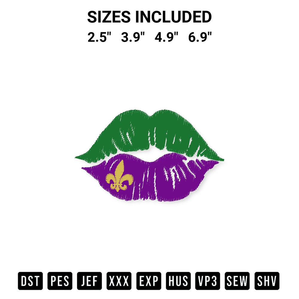 Create amazing crafts with the Mardi Gras Lips Embroidery Design embroidery file. High-quality digital download from Designspacks.com, perfect for beginners and pros. Available sizes: 2.5", 3.9", 4.9", 6.9".