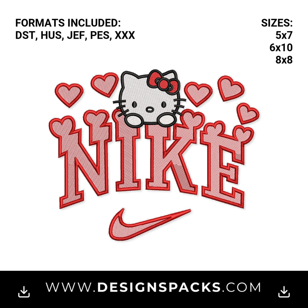 Hello Kitty Valentine Nike Hearts Embroidery Design - Instant digital download pattern at Designspacks.com