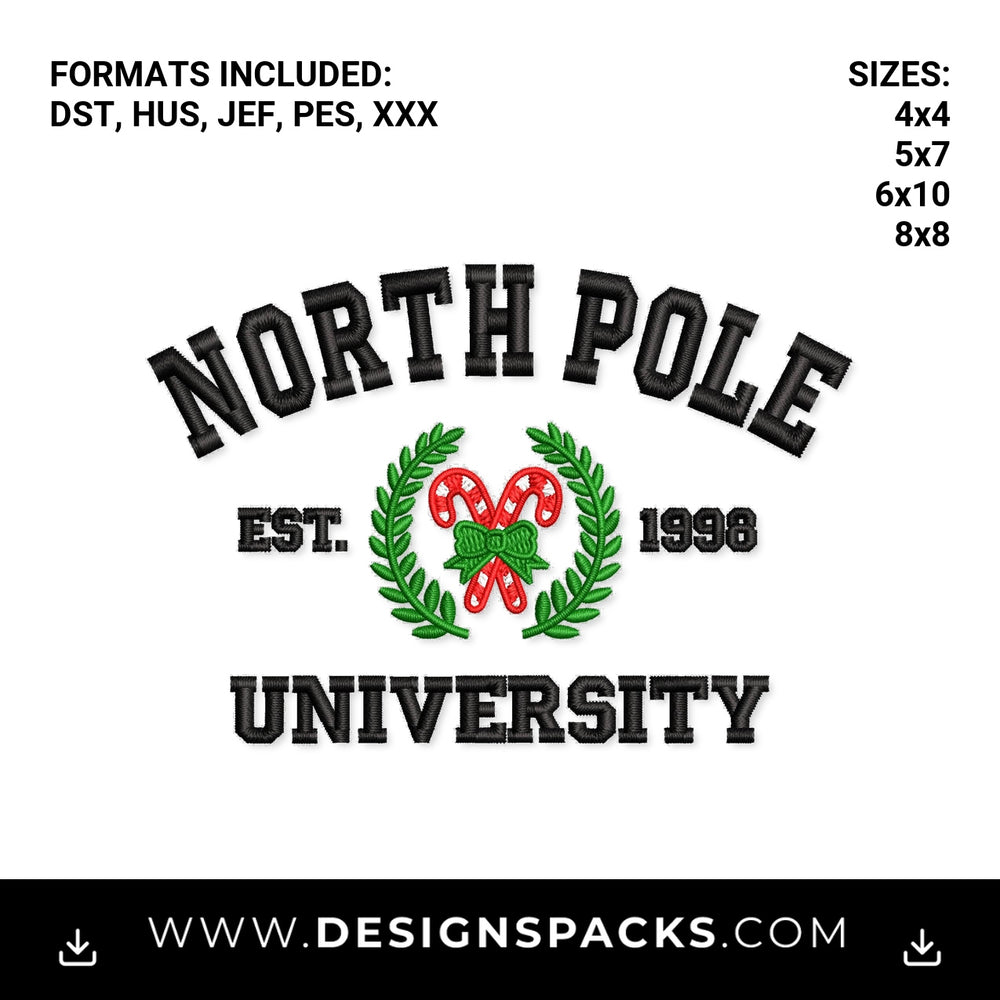 North Pole University Christmas Crest Embroidery Design - Instant digital download pattern at Designspacks.com
