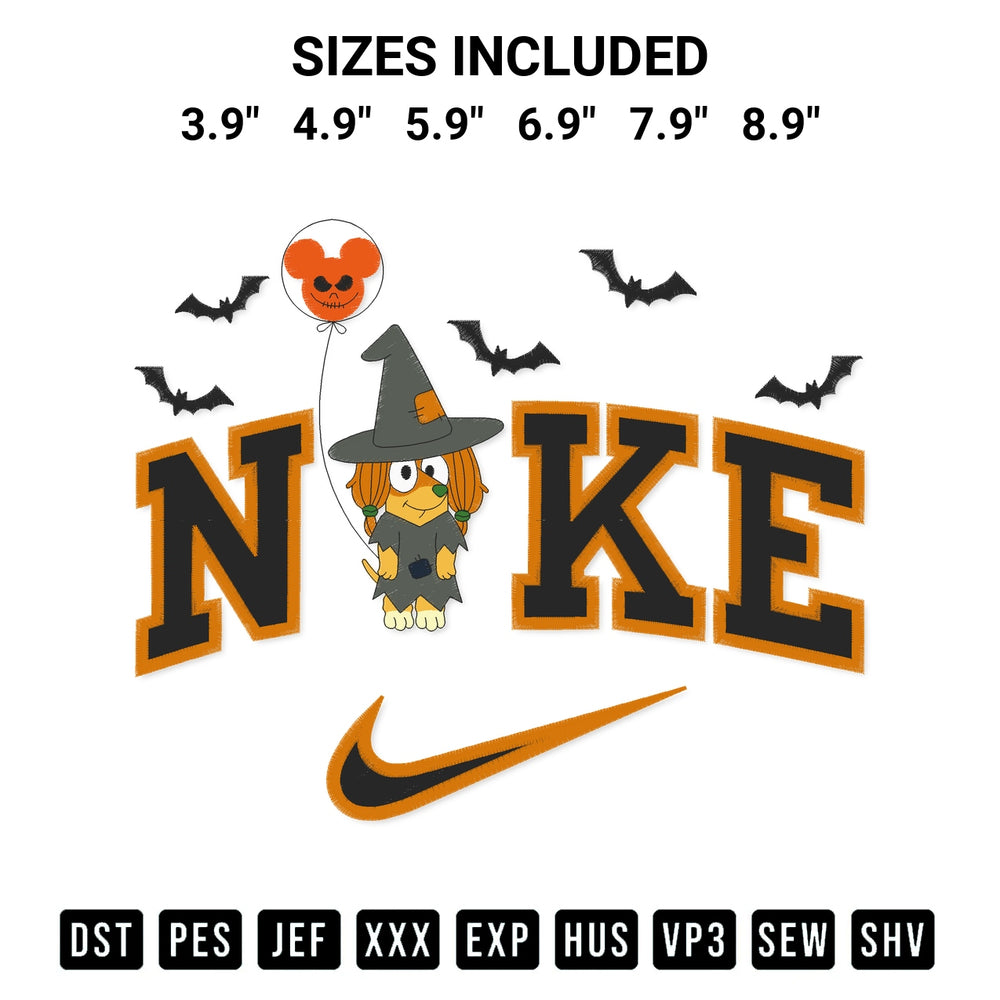 Transform your fabrics with the Halloween Bluey Indy X Nike Embroidery Design embroidery design. Instant access to premium digitized patterns at Designspacks.com. Available sizes: 3.9", 4.9", 5.9", 6.9", 7.9", 8.9".