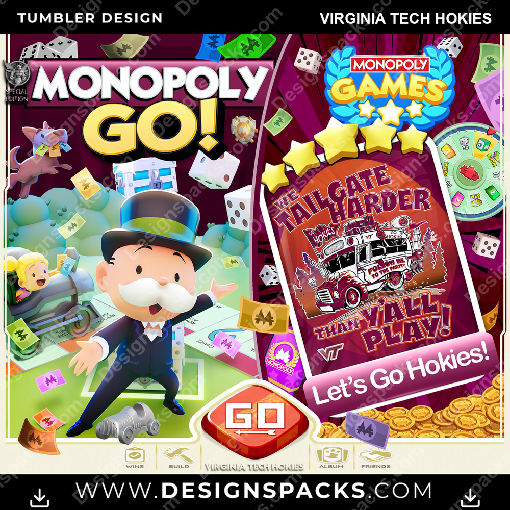 College Sport Monopoly Go! Virginia Tech Hokies NCAA College Sport Tumbler Digital Wrap Design Download