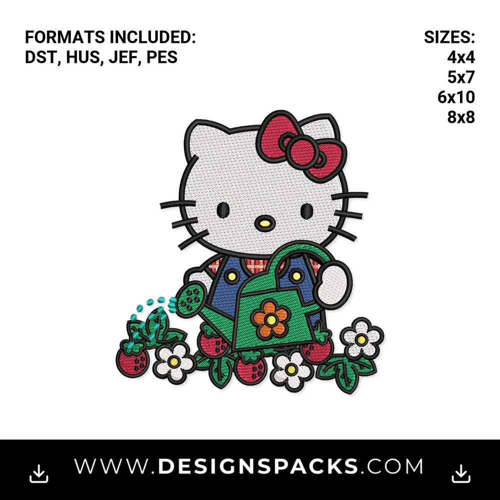 Hello Kitty Gardening with Watering Can Embroidery Design - Instant digital download pattern at Designspacks.com