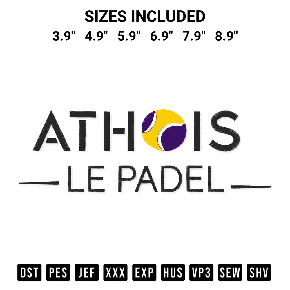 Shop the Athois Le Padel Embroidery Design machine embroidery pattern at Designspacks.com. Beautifully digitized for flawless stitching on any fabric. Available sizes: 3.9", 4.9", 5.9", 6.9", 7.9", 8.9".