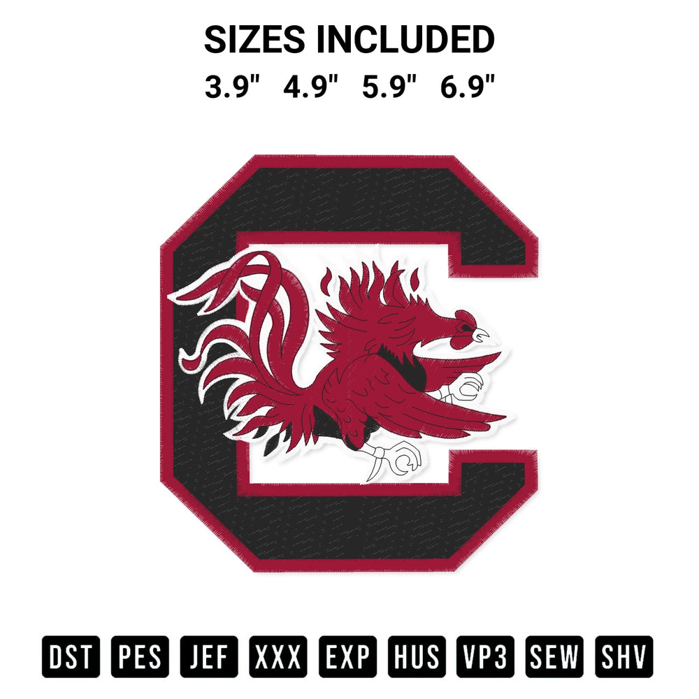 Add a unique touch to your apparel with the South Carolina Gamecocks Logo Embroidery Design embroidery file. Premium instant download available now on Designspacks.com. Available sizes: 3.9", 4.9", 5.9", 6.9".