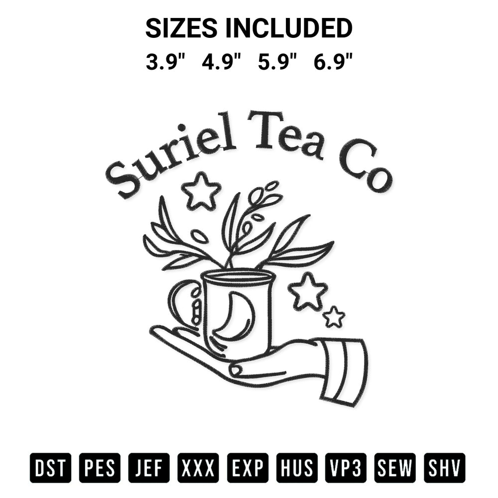 Create amazing crafts with the Suriel Tea Co Embroidery Design embroidery file. High-quality digital download from Designspacks.com, perfect for beginners and pros. Available sizes: 3.9", 4.9", 5.9", 6.9".