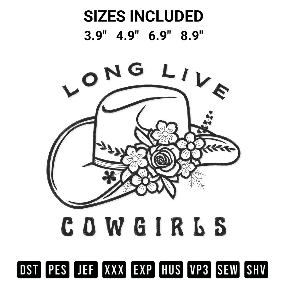 Download the Long Live Cowgirls Hat Embroidery Design machine embroidery design exclusively at Designspacks.com. Premium digitized pattern for apparel and DIY crafts. Available sizes: 3.9", 4.9", 6.9", 8.9".