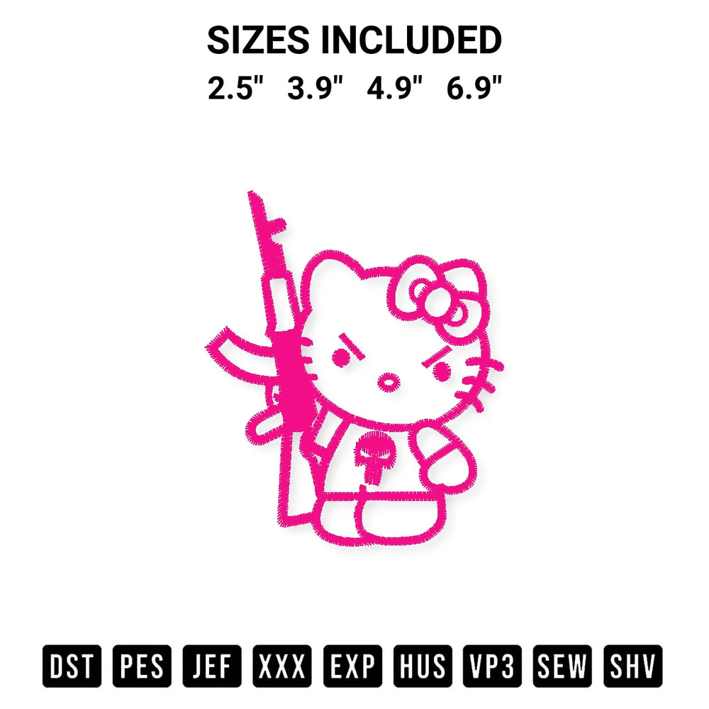 Get the Hello Kitty With Gun Embroidery Design embroidery design for your custom crafts! Premium digitized files available for instant download at Designspacks.com. Available sizes: 2.5", 3.9", 4.9", 6.9".