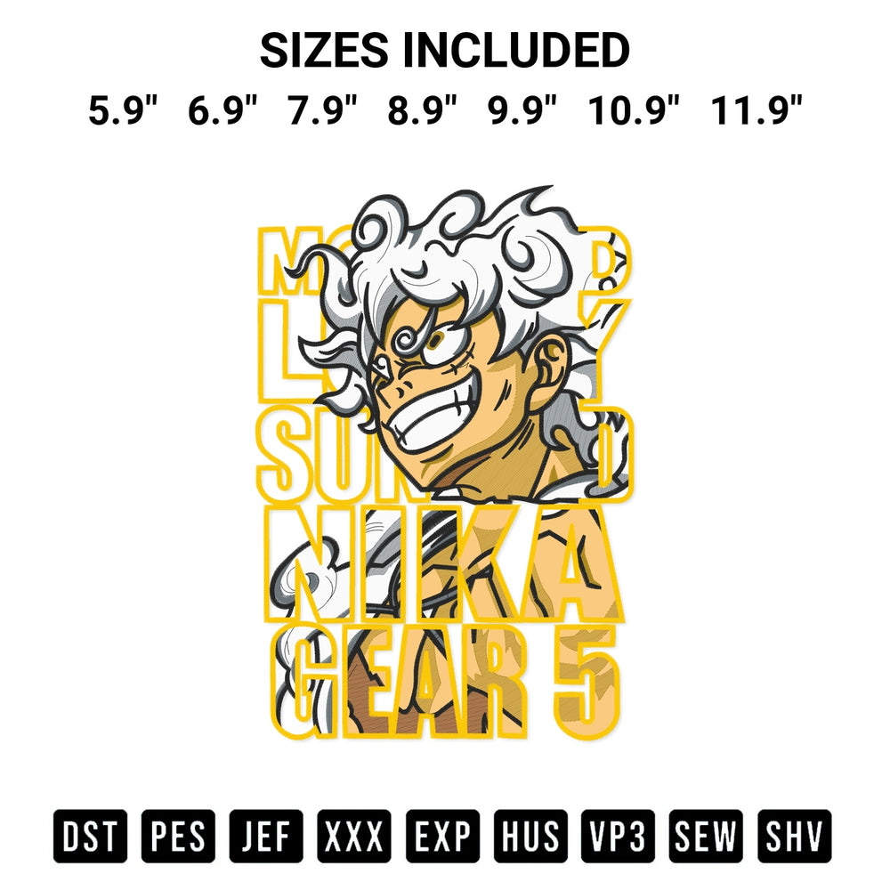 Create amazing crafts with the Luffy Gear 5 Nika Embroidery Design embroidery file. High-quality digital download from Designspacks.com, perfect for beginners and pros. Available sizes: 5.9", 6.9", 7.9", 8.9", 9.9", 10.9", 11.9".
