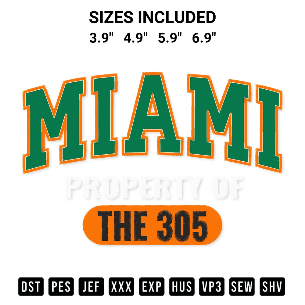 Add a unique touch to your apparel with the Miami Property Of The 305 Embroidery Design embroidery file. Premium instant download available now on Designspacks.com. Available sizes: 3.9", 4.9", 5.9", 6.9".