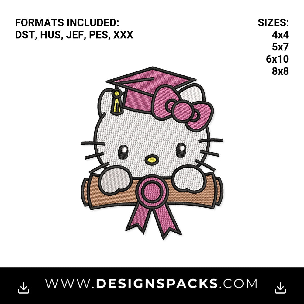 Pink Graduation Kitty Holding Diploma Embroidery Design - Instant digital download pattern at Designspacks.com