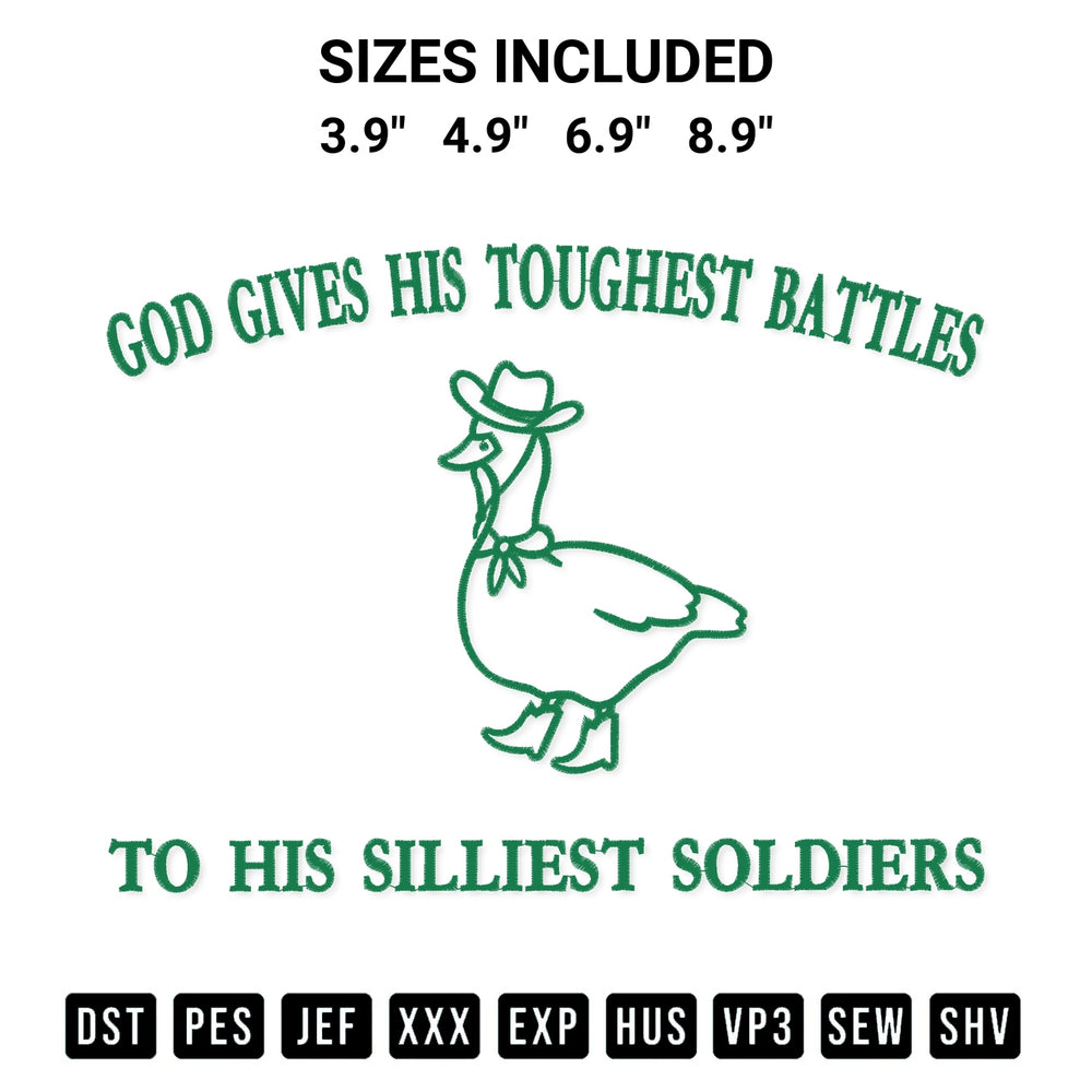 Discover the perfect addition to your crafting collection: God Gives His Toughest Battles Goose Embroidery Design embroidery file. Instantly available at Designspacks.com. Available sizes: 3.9", 4.9", 6.9", 8.9".