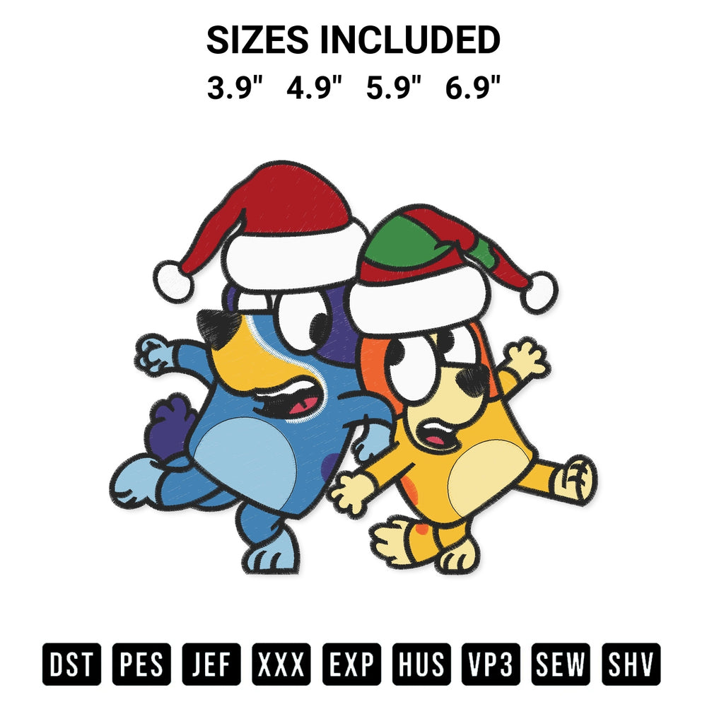 Shop the Bluey Bingo Merry Christmas Embroidery Design machine embroidery pattern at Designspacks.com. Beautifully digitized for flawless stitching on any fabric. Available sizes: 3.9", 4.9", 5.9", 6.9".