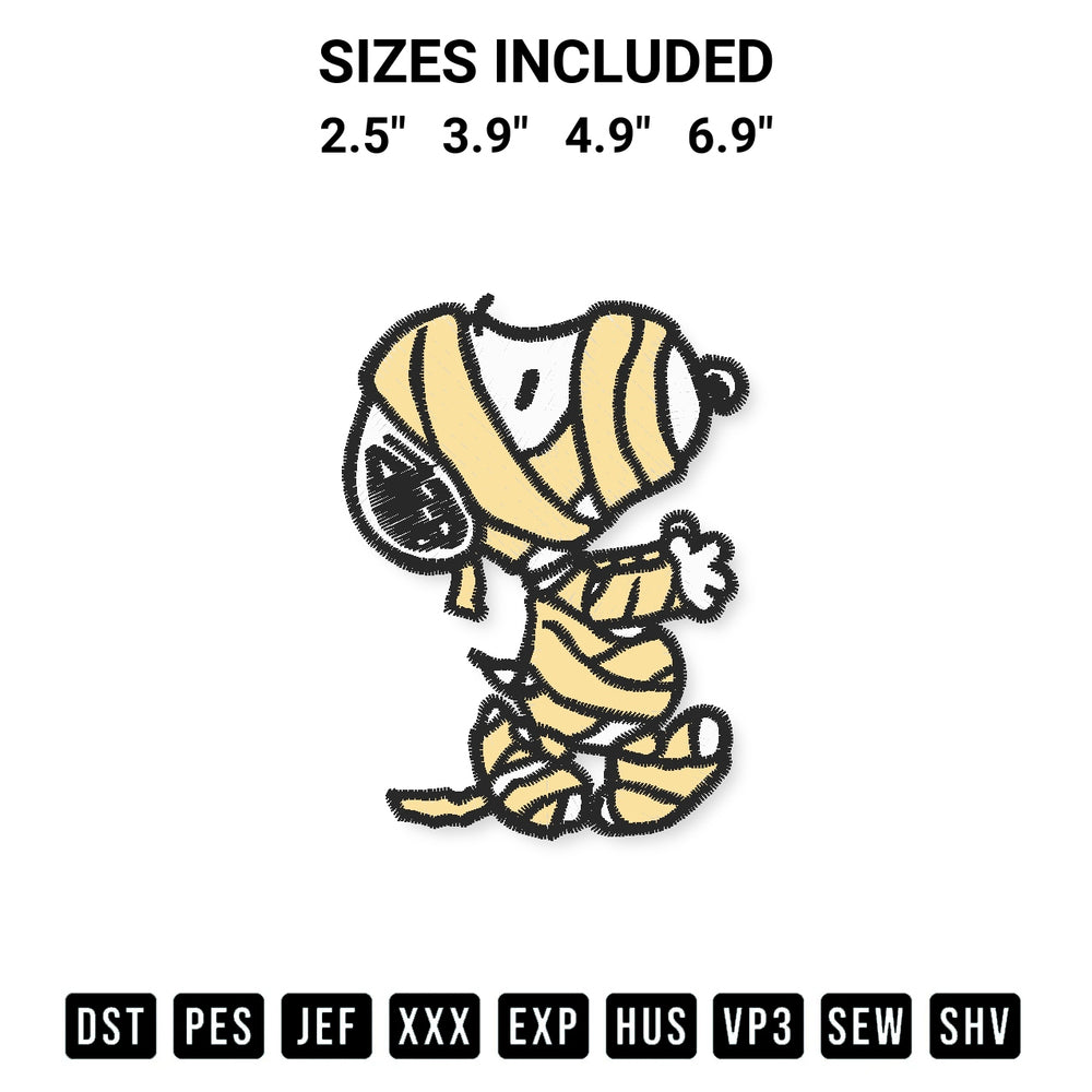 Add a unique touch to your apparel with the Snoopy Mummy Halloween Embroidery Design embroidery file. Premium instant download available now on Designspacks.com. Available sizes: 2.5", 3.9", 4.9", 6.9".