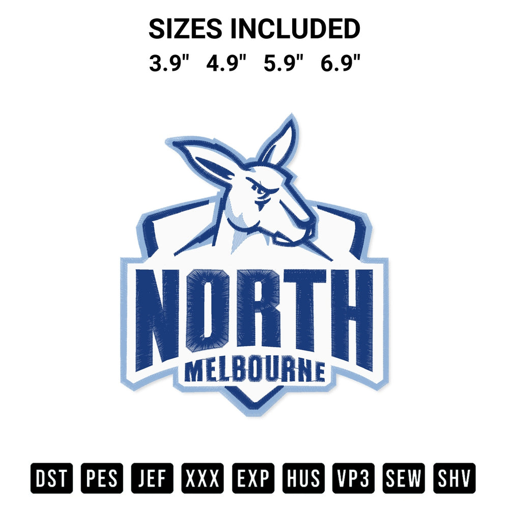 Transform your fabrics with the Afl North Melbourne Logo Embroidery Design embroidery design. Instant access to premium digitized patterns at Designspacks.com. Available sizes: 3.9", 4.9", 5.9", 6.9".