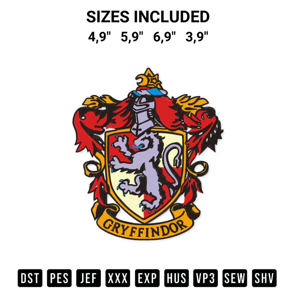 Stitch like a pro with the Harry Potter Gryffidor Logo Embroidery Design embroidery pattern from Designspacks.com. High-quality digital machine embroidery file. Available sizes: 4,9", 5,9", 6,9", 3,9".