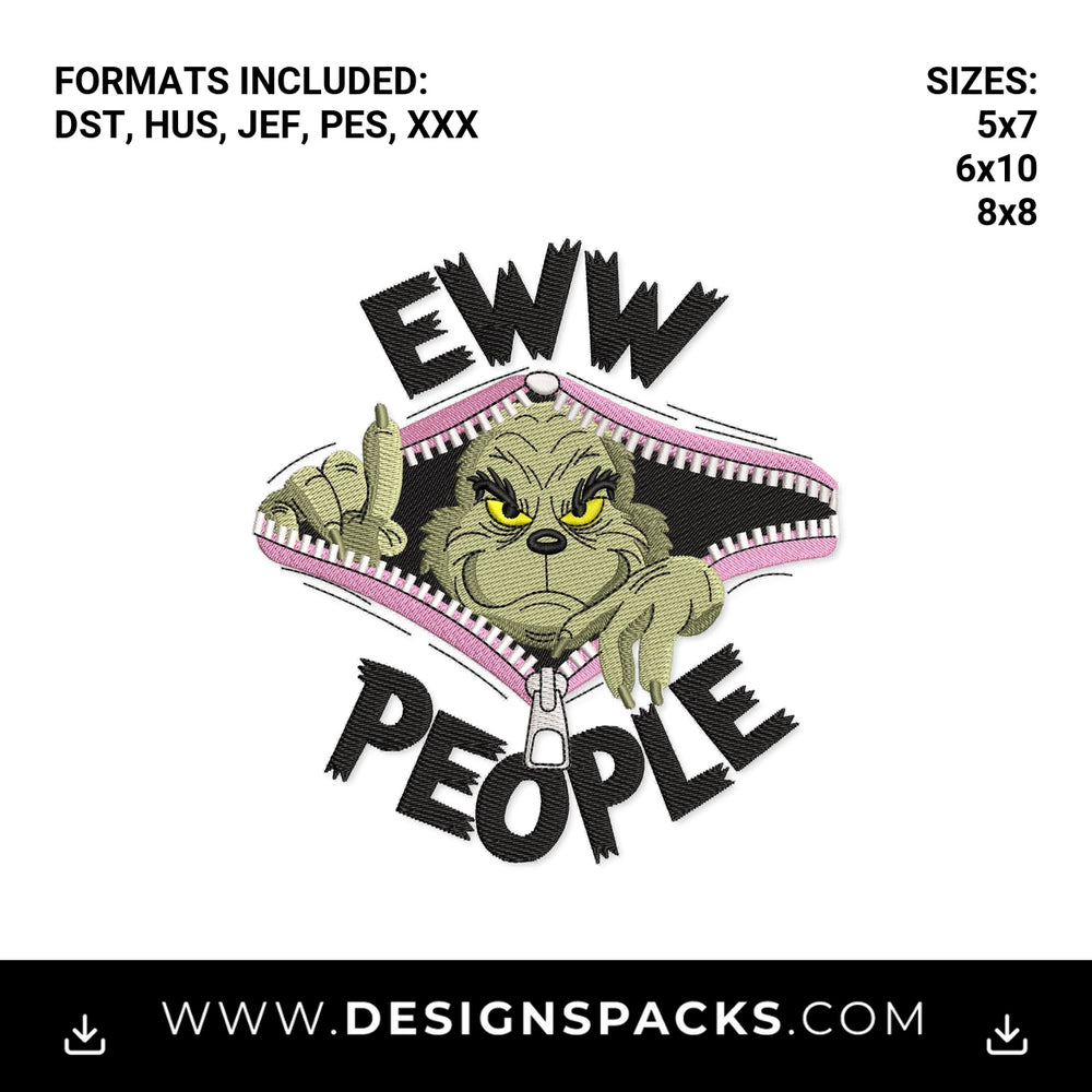 Eww People Grinch Peeking Zipper Embroidery Design - Instant digital download pattern at Designspacks.com
