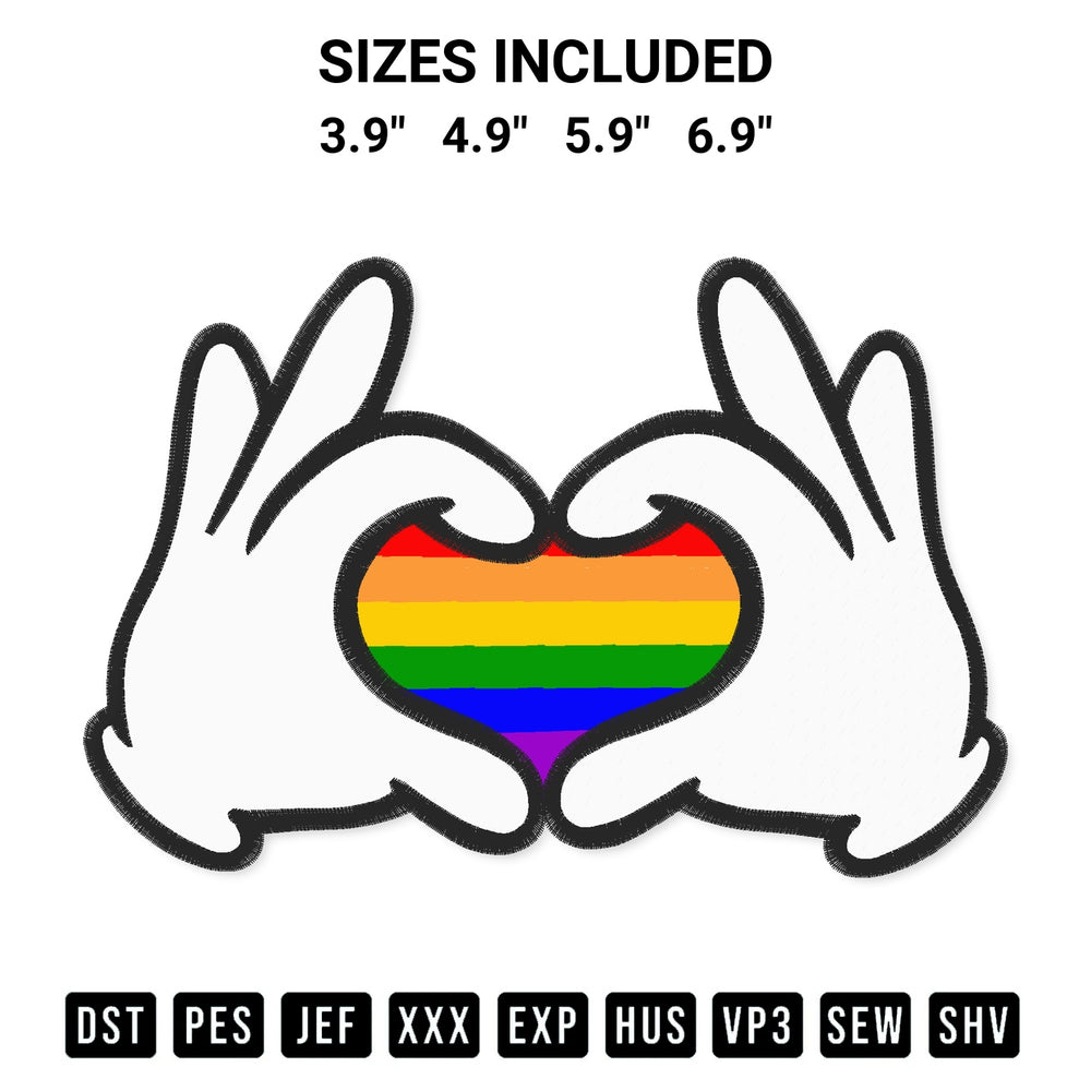 Get the Mickey Hands Heart Lgbt Embroidery Design embroidery design for your custom crafts! Premium digitized files available for instant download at Designspacks.com. Available sizes: 3.9", 4.9", 5.9", 6.9".