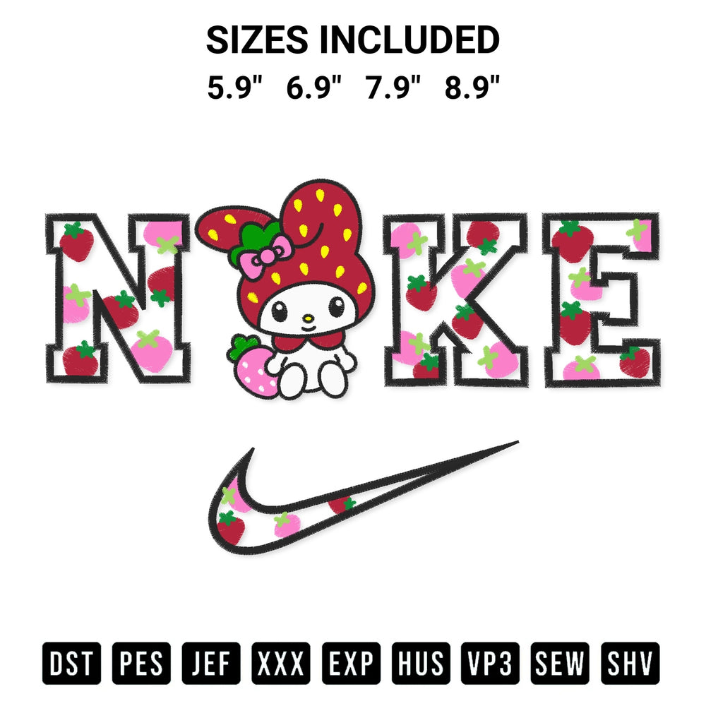 Discover the perfect addition to your crafting collection: Nike My Melody Strawberry Embroidery Design embroidery file. Instantly available at Designspacks.com. Available sizes: 5.9", 6.9", 7.9", 8.9".