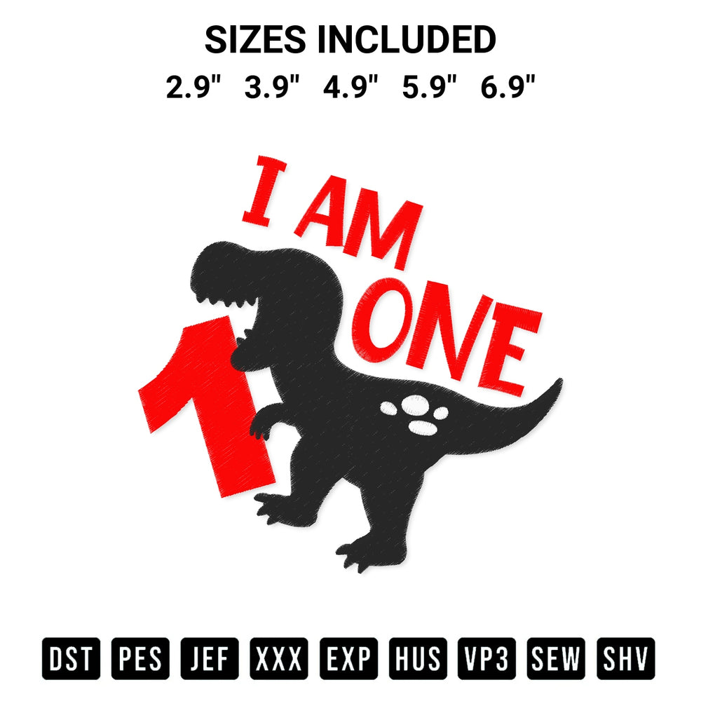 Add a unique touch to your apparel with the T Rex Dinosaur I Am One Embroidery Design embroidery file. Premium instant download available now on Designspacks.com. Available sizes: 2.9", 3.9", 4.9", 5.9", 6.9".