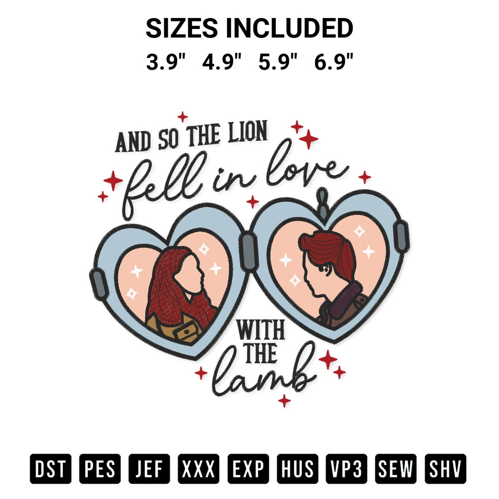 Transform your fabrics with the And So The Lion Fell In Love With The Lamb Embroidery Design embroidery design. Instant access to premium digitized patterns at Designspacks.com. Available sizes: 3.9", 4.9", 5.9", 6.9".
