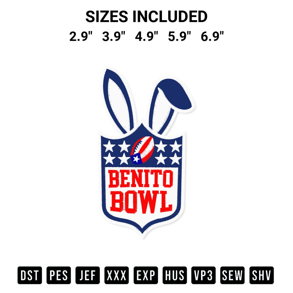 Download the Benito Bowl Football Embroidery Design machine embroidery design exclusively at Designspacks.com. Premium digitized pattern for apparel and DIY crafts. Available sizes: 2.9", 3.9", 4.9", 5.9", 6.9".