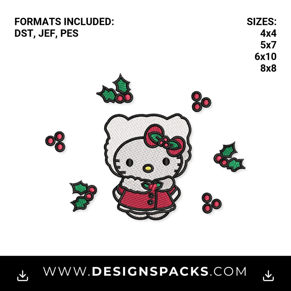Christmas Kitty with Holly Embroidery Design - Instant digital download pattern at Designspacks.com