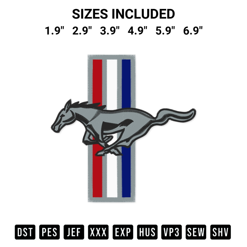 Get the Ford Mustang Embroidery Design embroidery design for your custom crafts! Premium digitized files available for instant download at Designspacks.com. Available sizes: 1.9", 2.9", 3.9", 4.9", 5.9", 6.9".