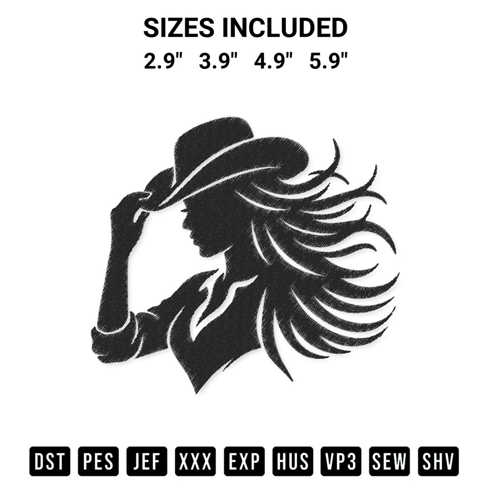 Add a unique touch to your apparel with the Cowgirl Silhouette Embroidery Design embroidery file. Premium instant download available now on Designspacks.com. Available sizes: 2.9", 3.9", 4.9", 5.9".