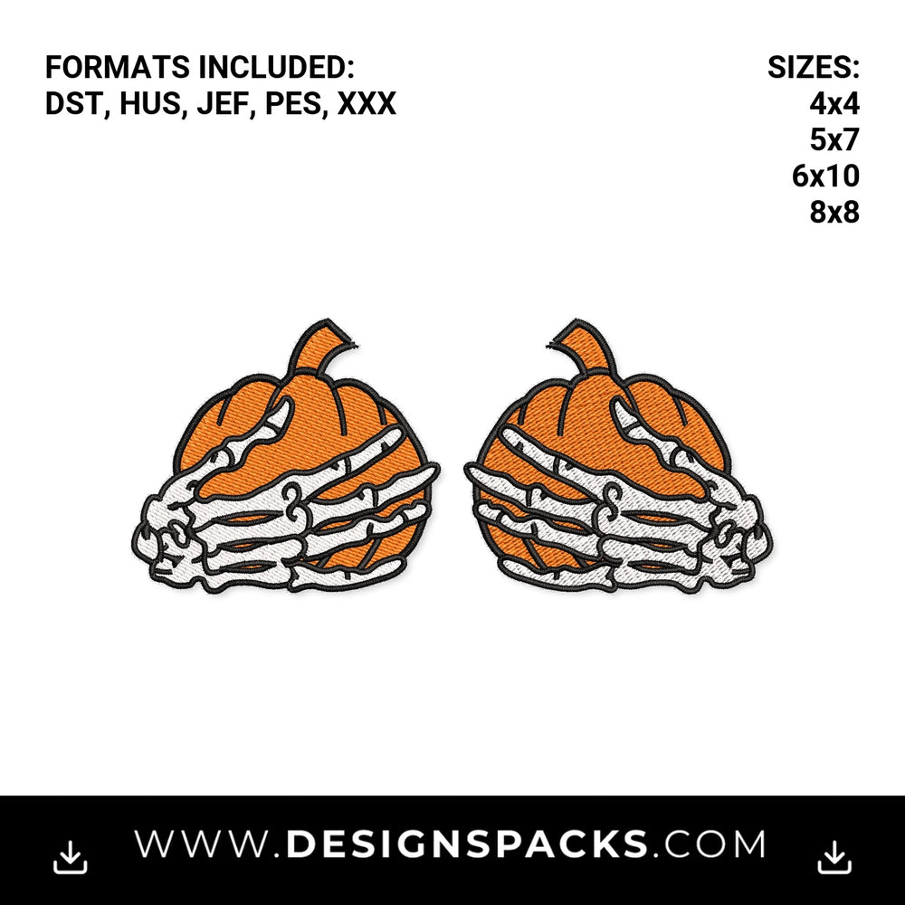 Skeleton Hands Holding Pumpkins Embroidery Design - Instant digital download pattern at Designspacks.com