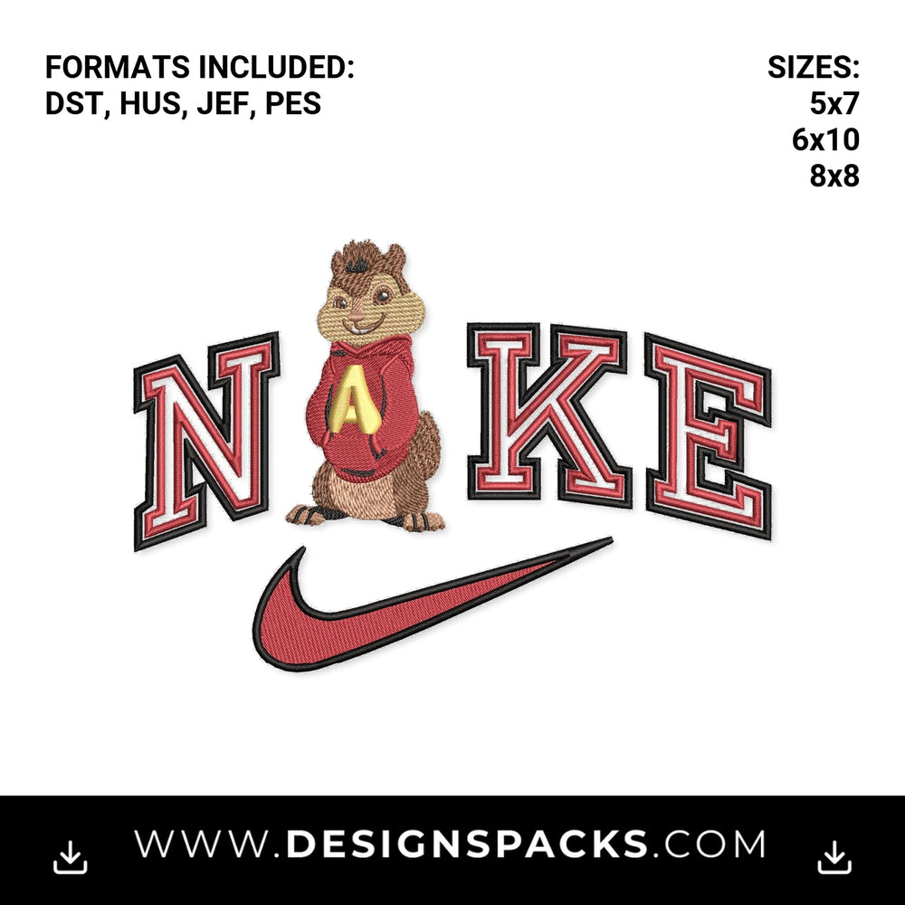 Alvin Chipmunk Nike Swoosh Logo Embroidery Design - Instant digital download pattern at Designspacks.com