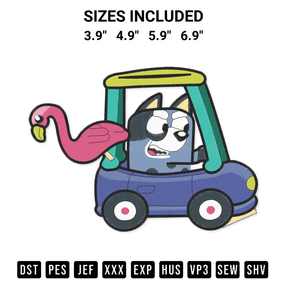Create amazing crafts with the Muffin Heeler Pedal Car Bluey Embroidery Design embroidery file. High-quality digital download from Designspacks.com, perfect for beginners and pros. Available sizes: 3.9", 4.9", 5.9", 6.9".