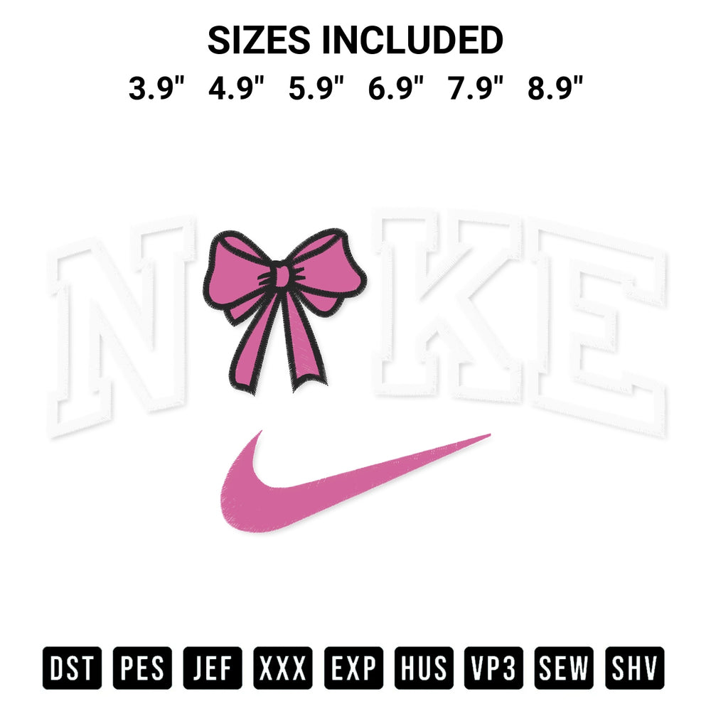 Get the Nike Bow Embroidery Design embroidery design for your custom crafts! Premium digitized files available for instant download at Designspacks.com. Available sizes: 3.9", 4.9", 5.9", 6.9", 7.9", 8.9".
