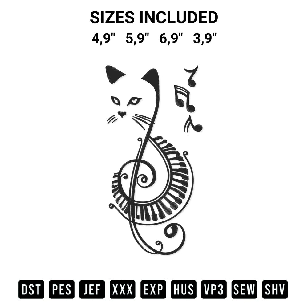 Transform your fabrics with the Cat Loves Music Logo Embroidery Design embroidery design. Instant access to premium digitized patterns at Designspacks.com. Available sizes: 4,9", 5,9", 6,9", 3,9".