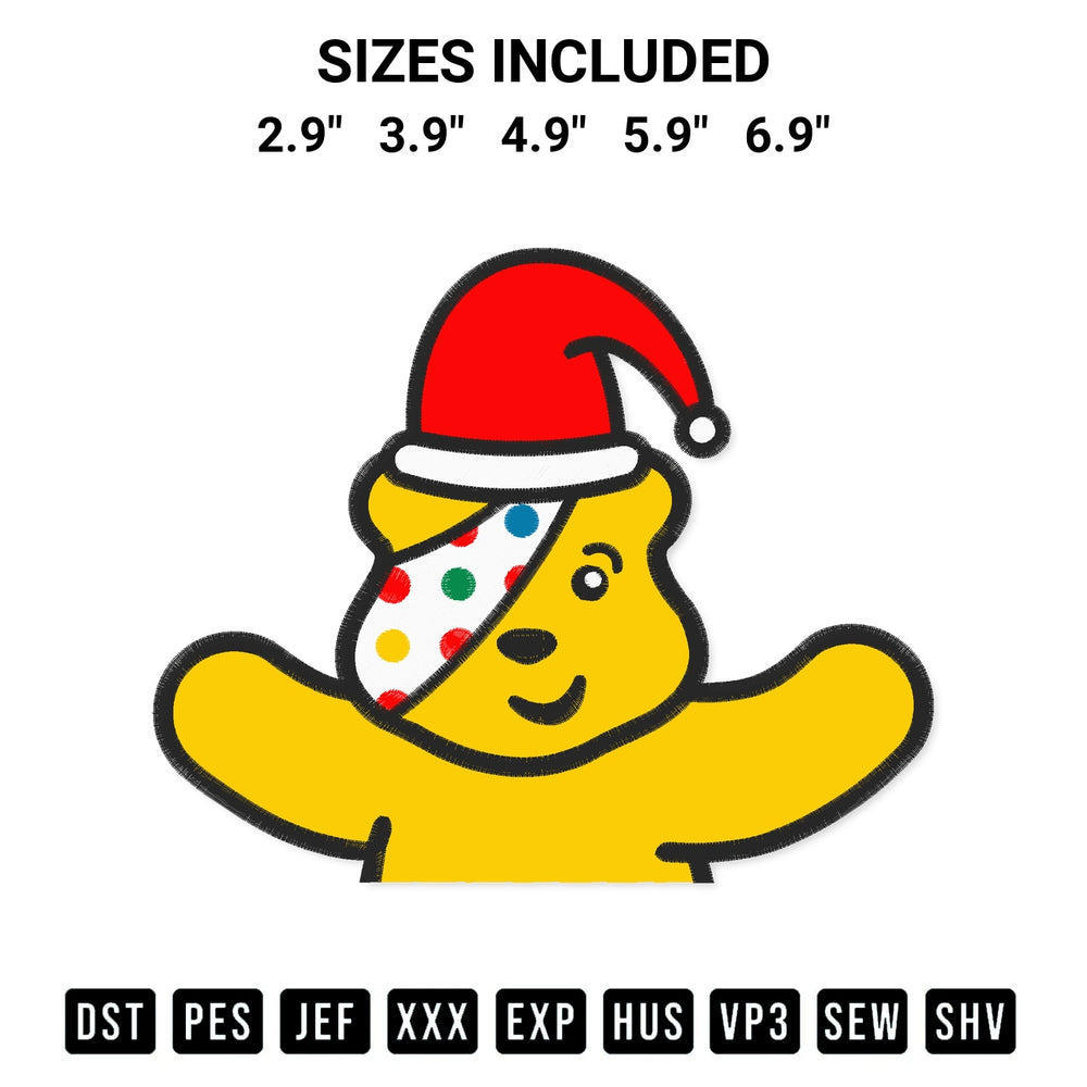 Download the Pudsey Bear Santa Embroidery Design machine embroidery design exclusively at Designspacks.com. Premium digitized pattern for apparel and DIY crafts. Available sizes: 2.9", 3.9", 4.9", 5.9", 6.9".