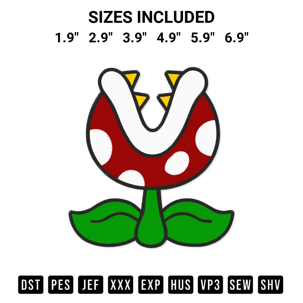 Discover the perfect addition to your crafting collection: Piranha Plant Embroidery Design embroidery file. Instantly available at Designspacks.com. Available sizes: 1.9", 2.9", 3.9", 4.9", 5.9", 6.9".