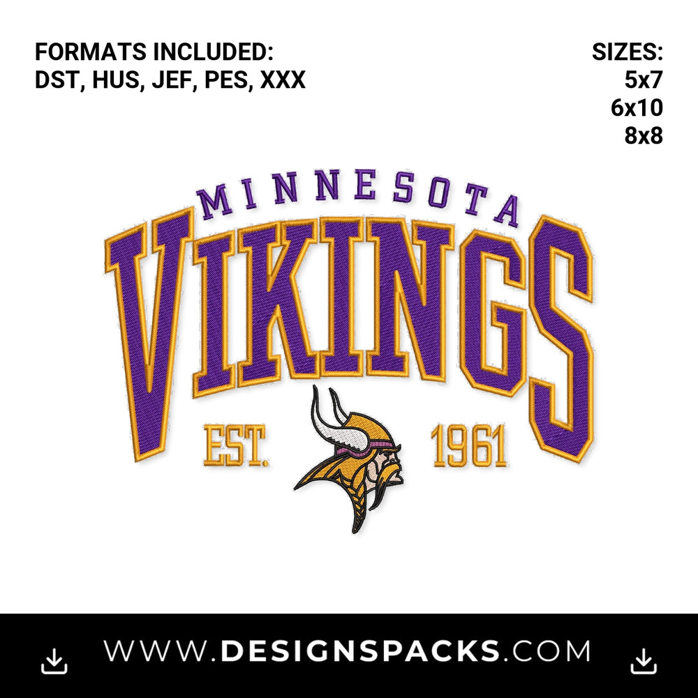 Minnesota Vikings Est 1961 Mascot Logo Embroidery Design - Instant digital download pattern at Designspacks.com