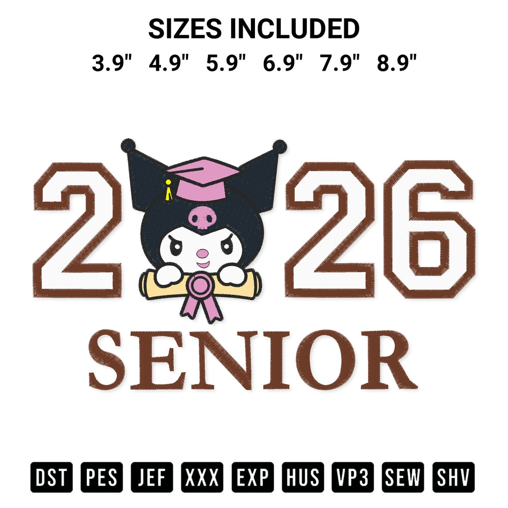 Add a unique touch to your apparel with the Senior 2026 Kuromi Embroidery Design embroidery file. Premium instant download available now on Designspacks.com. Available sizes: 3.9", 4.9", 5.9", 6.9", 7.9", 8.9".