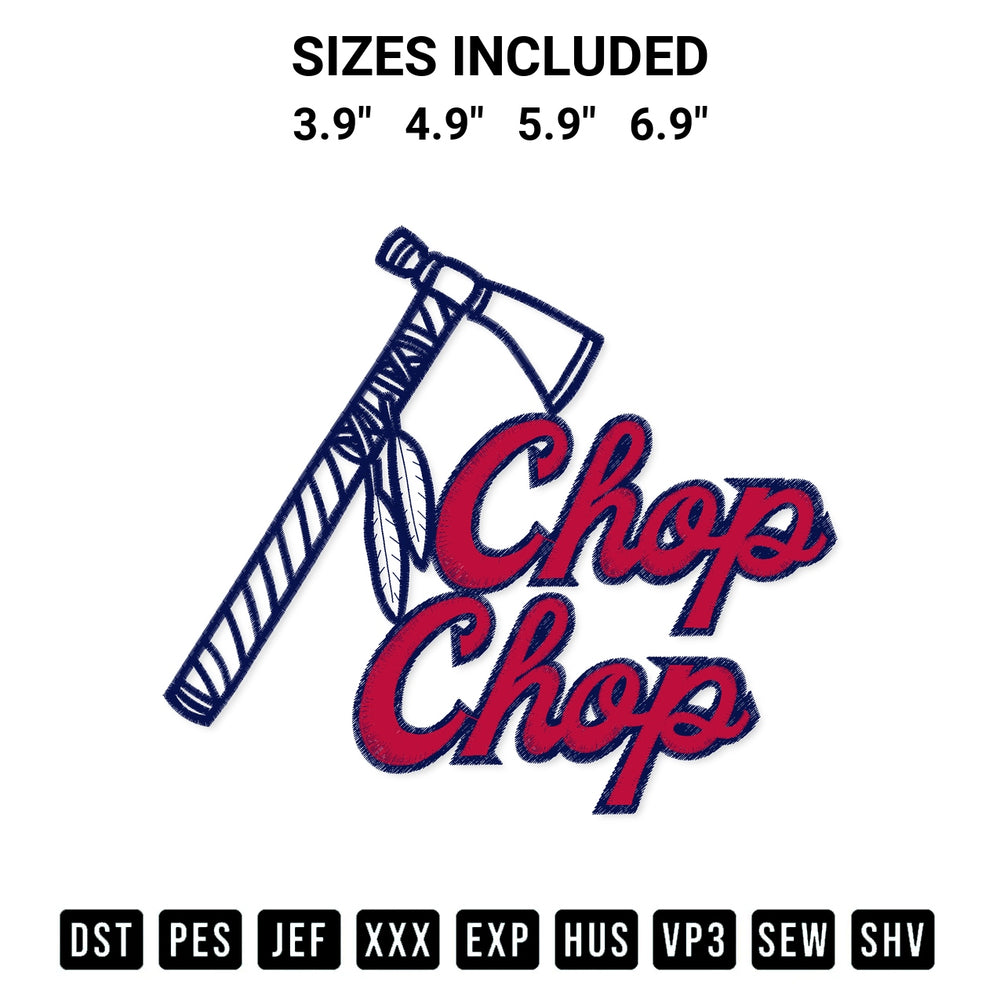 Add a unique touch to your apparel with the Atlanta Braves Chop Chop Embroidery Design embroidery file. Premium instant download available now on Designspacks.com. Available sizes: 3.9", 4.9", 5.9", 6.9".
