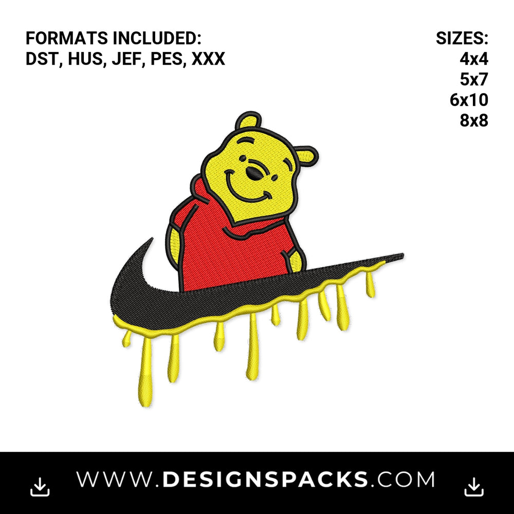 Pooh Bear Dripping Honey Swoosh File Embroidery Design - Instant digital download pattern at Designspacks.com