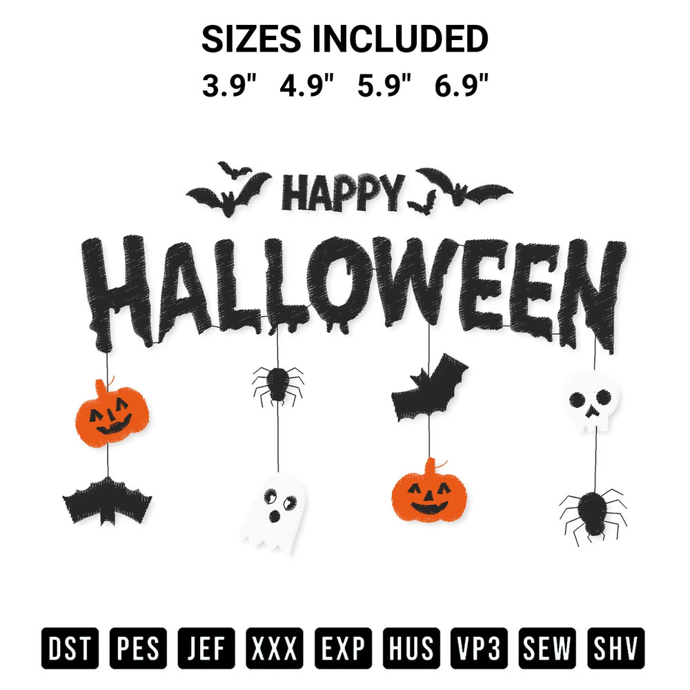 Create amazing crafts with the Happy Halloween Funny Embroidery Design embroidery file. High-quality digital download from Designspacks.com, perfect for beginners and pros. Available sizes: 3.9", 4.9", 5.9", 6.9".
