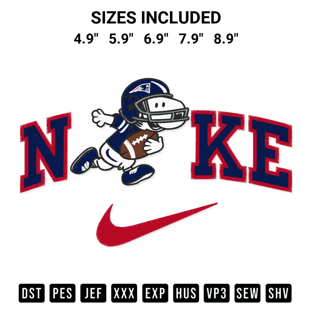 Discover the perfect addition to your crafting collection: Nike Snoopy New England Patriots Embroidery Design embroidery file. Instantly available at Designspacks.com. Available sizes: 4.9", 5.9", 6.9", 7.9", 8.9".