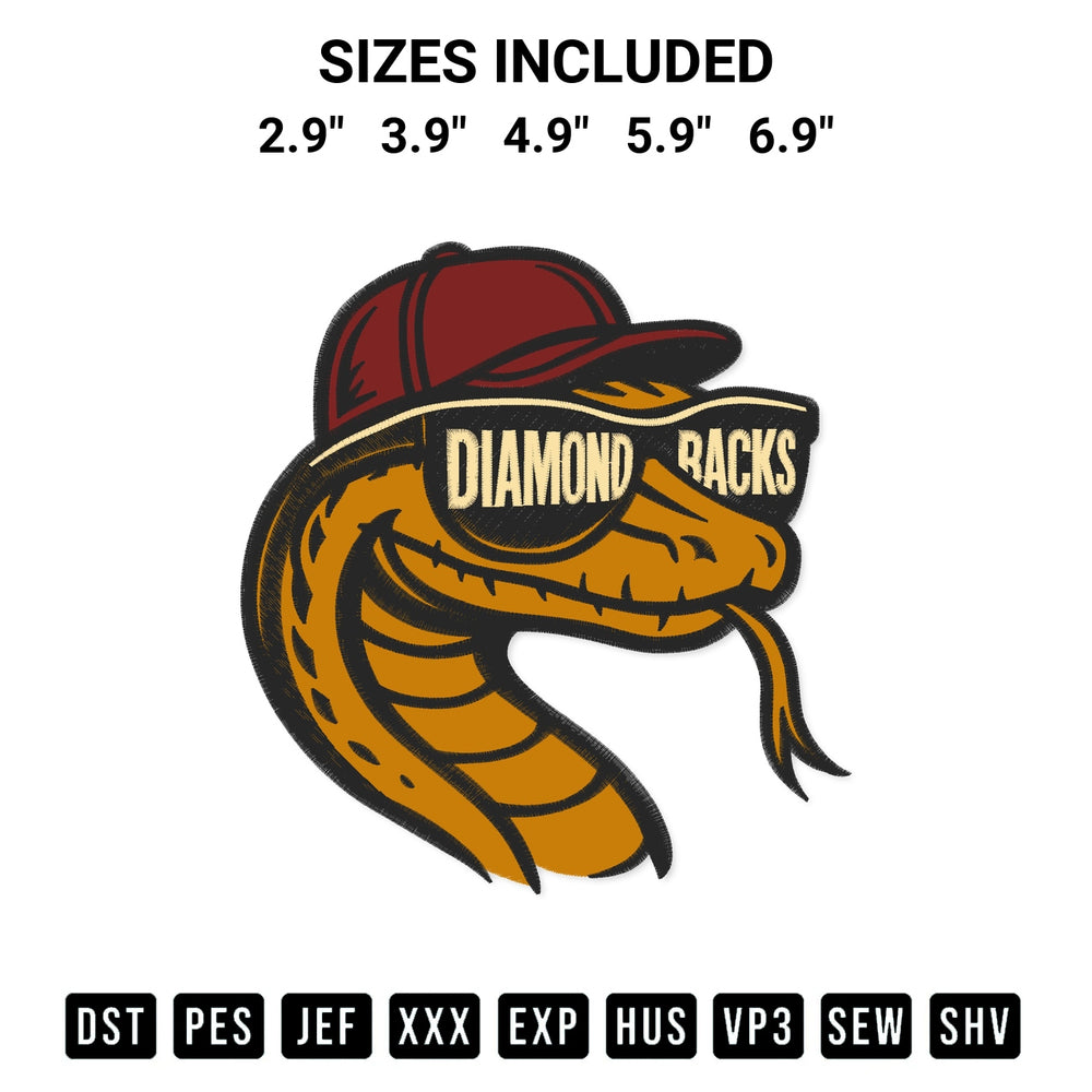 Elevate your next project with our Diamondbacks Rattlesnake Embroidery Design embroidery file. Shop high-quality digital patterns instantly at Designspacks.com. Available sizes: 2.9", 3.9", 4.9", 5.9", 6.9".